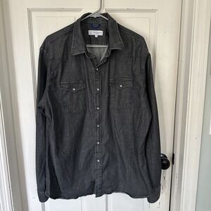 Teddy Stratford Shirt  Sz 6 Gray Black Pearl Snap Zip Denim Long Sleeve Western